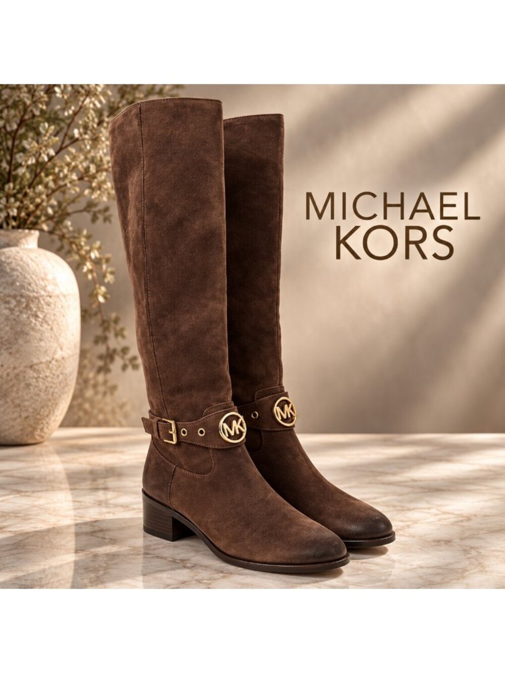 Michael Kors Heather Knee High Boots Brown Suede MK Logo Women’s 5.5 NWOB